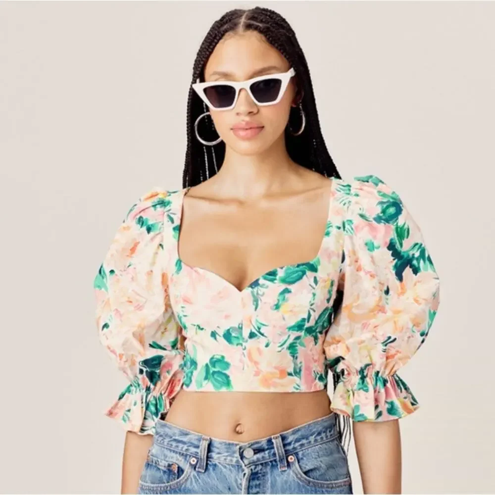 For Love & Lemons Holis Lace Up Crop Top Floral Puff Sleeves Sweetheart And XS - Picture 4 of 9